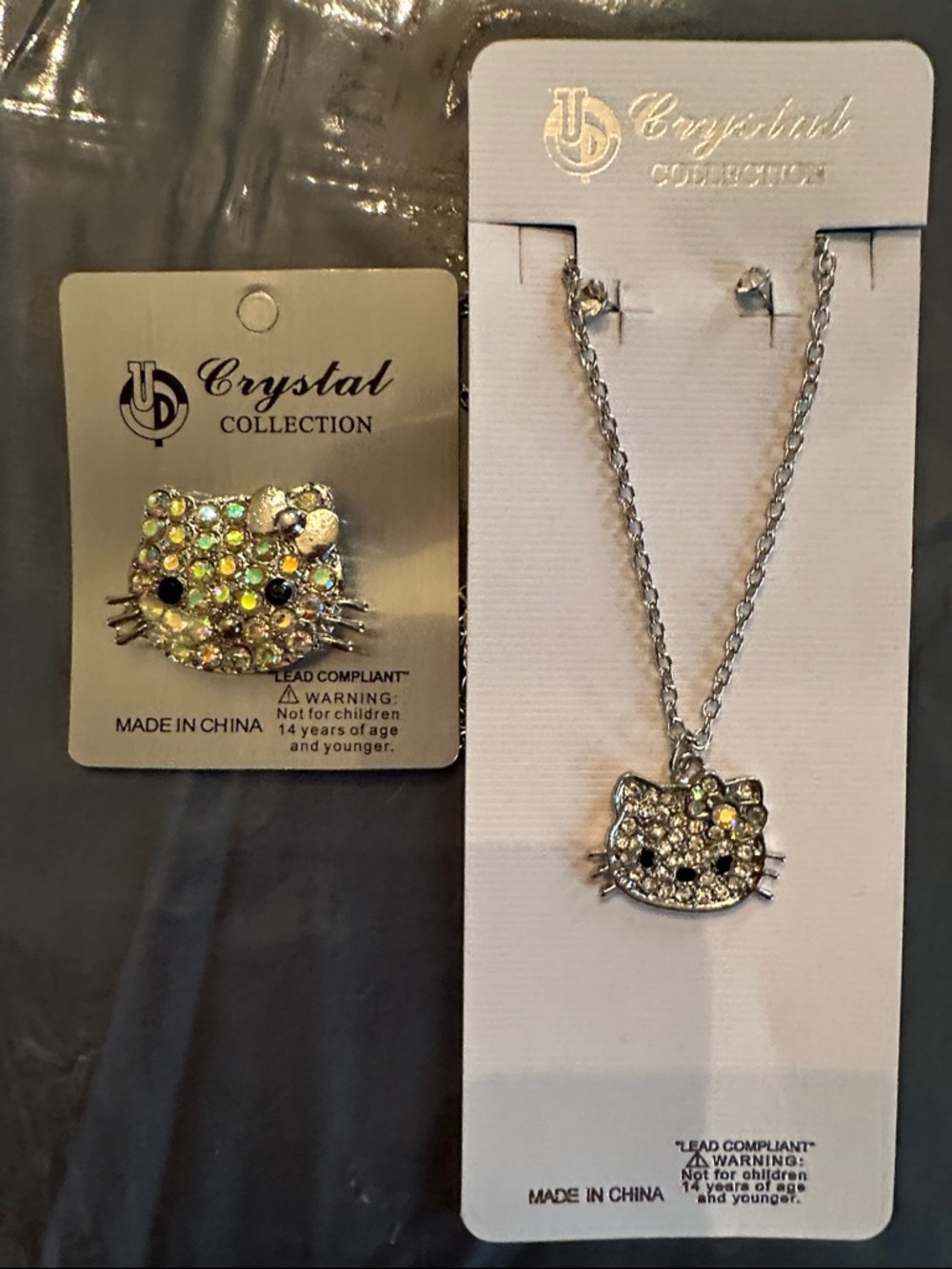 Silver-Tone Cat Pendant Necklace and Brooch Set - Clear Crystal